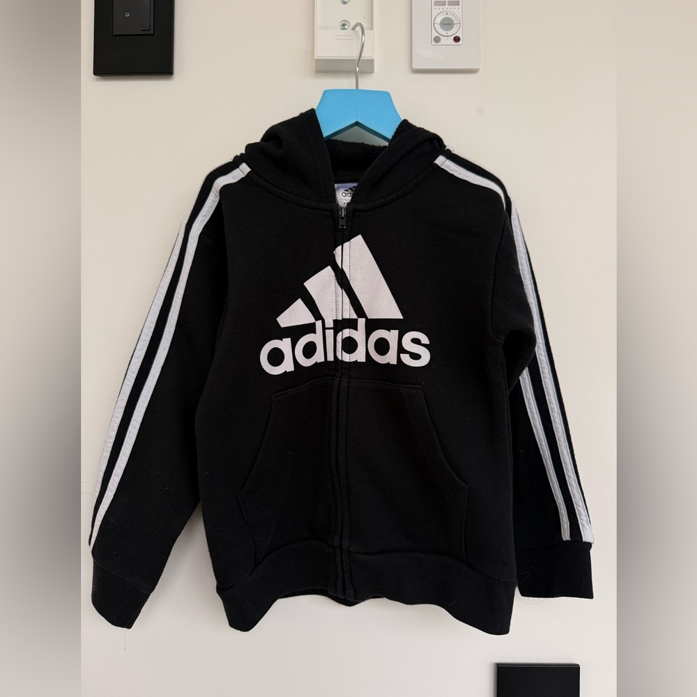 adidas Black Hoodie with White Logo & Sleeve Stripes